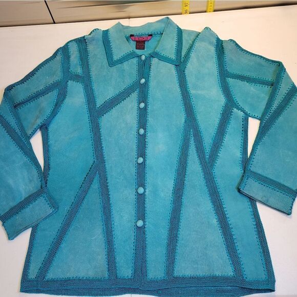 IDI by Matthew Y2K Turquoise Patchwork Suede Jacket Cardigan Women's Size Large - Picture 16 of 16